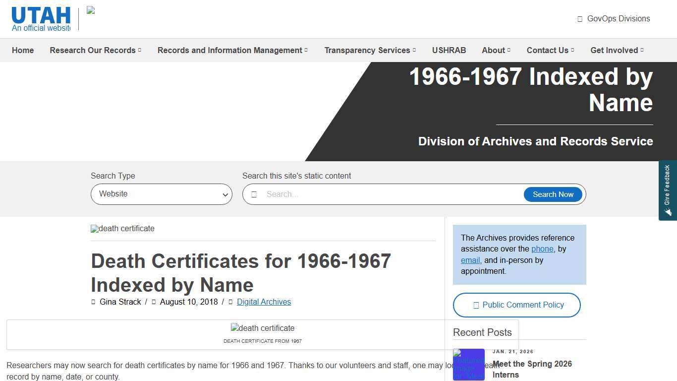 Death Certificates for 1966-1967 Indexed by Name Utah Division of Archives and Records Service
